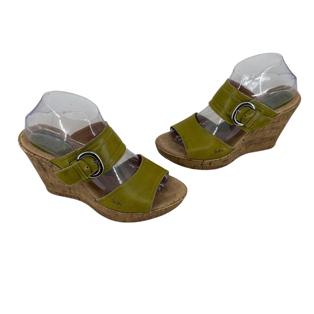 b.o.c. Born Concept Green Leather Cork Wedge Sandals Buckle Slide Womens 9 40.5